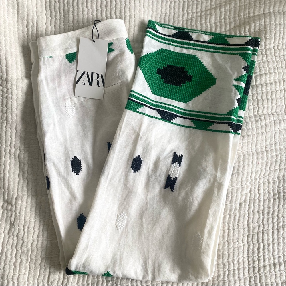 ZARA Embroidered White Linen Pants Size M, NWT